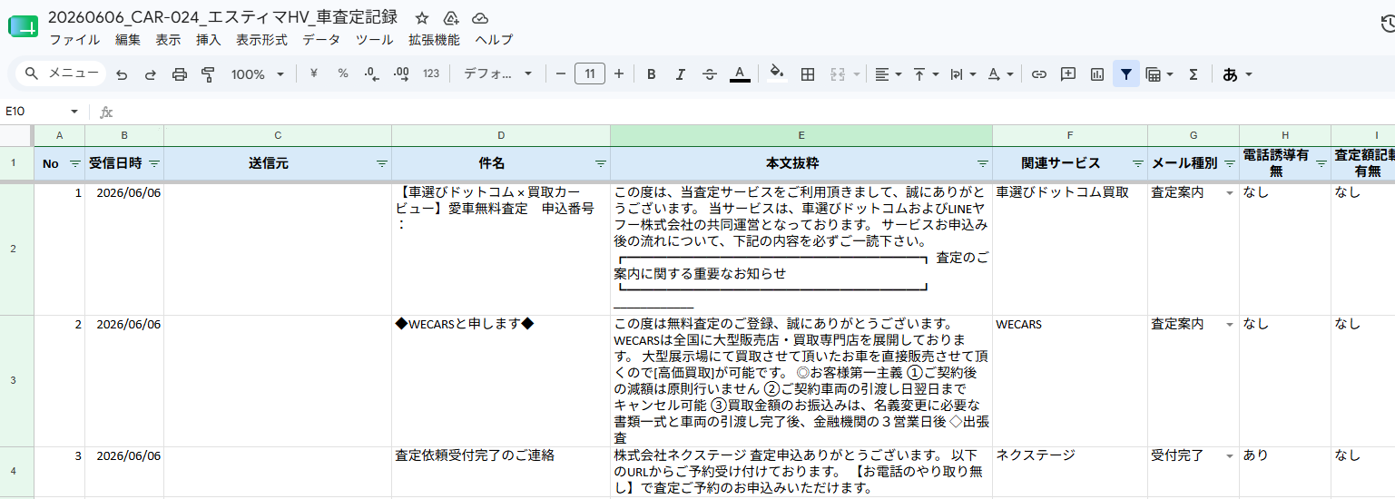 一括査定申し込み後に届いた査定メールログを整理したスプレッドシート